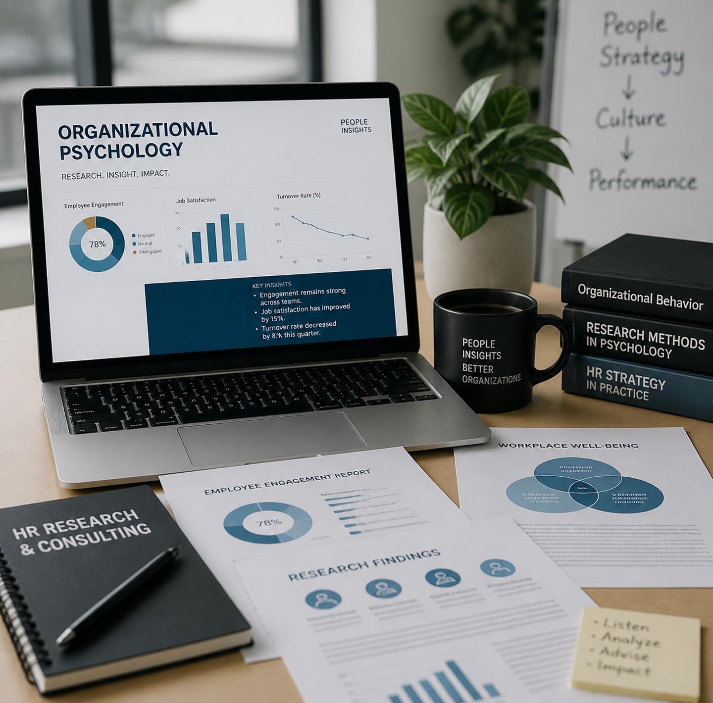 Workplace psychology research material on a desk